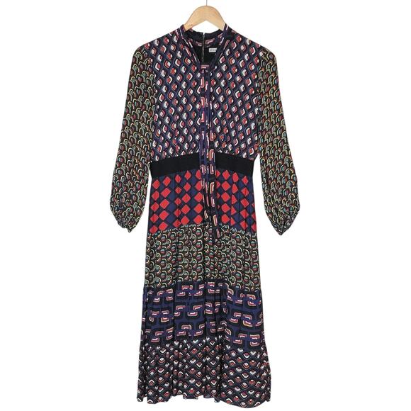 Alice + Olivia Karolina Mod Moon Tie Neck Blouson Sleeve Colorblock Midi Dress 6 - Picture 2 of 16